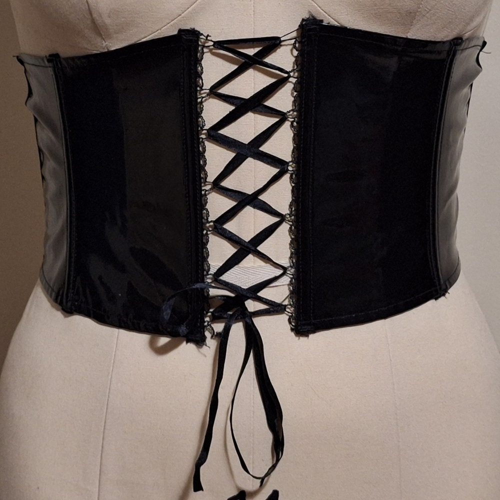 Elegant Black Patent Pleather Lace-Up front zipper back belt